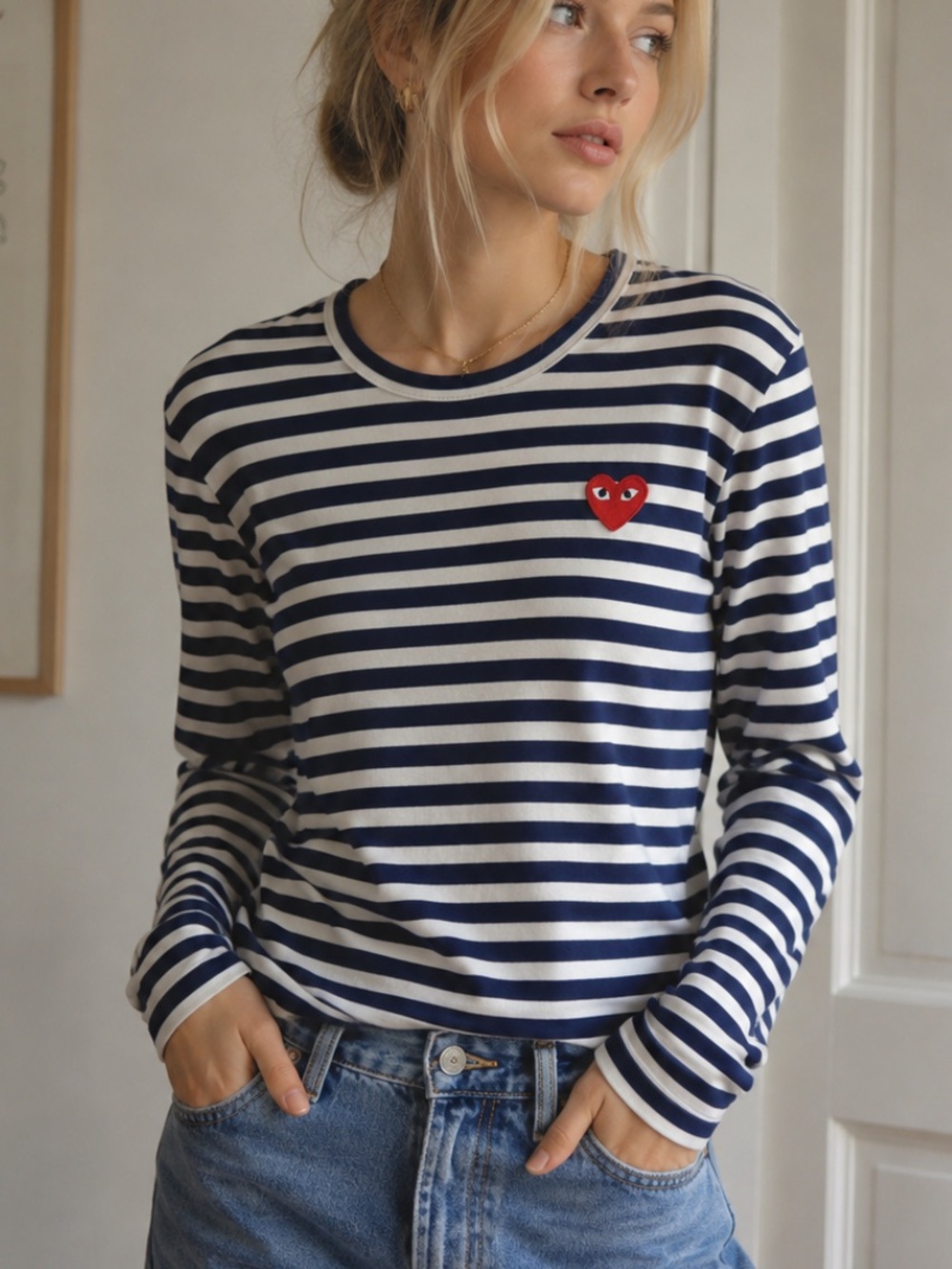 Comme des Garçons PLAY Striped Heart Logo Long Sleeve Tee Medium 36994